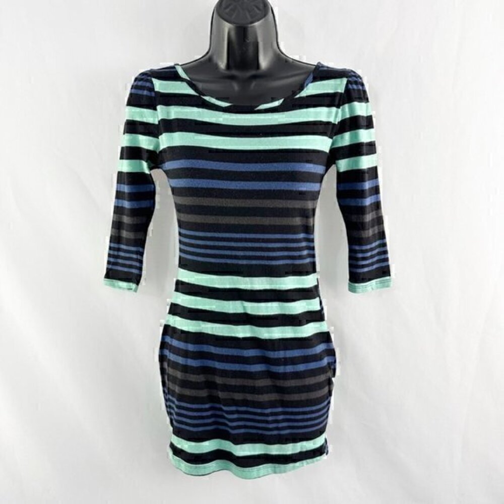 Gianni Bini Stripe Stretch Low Cut Back Bodycon Mini Dress Blue Green Size Small